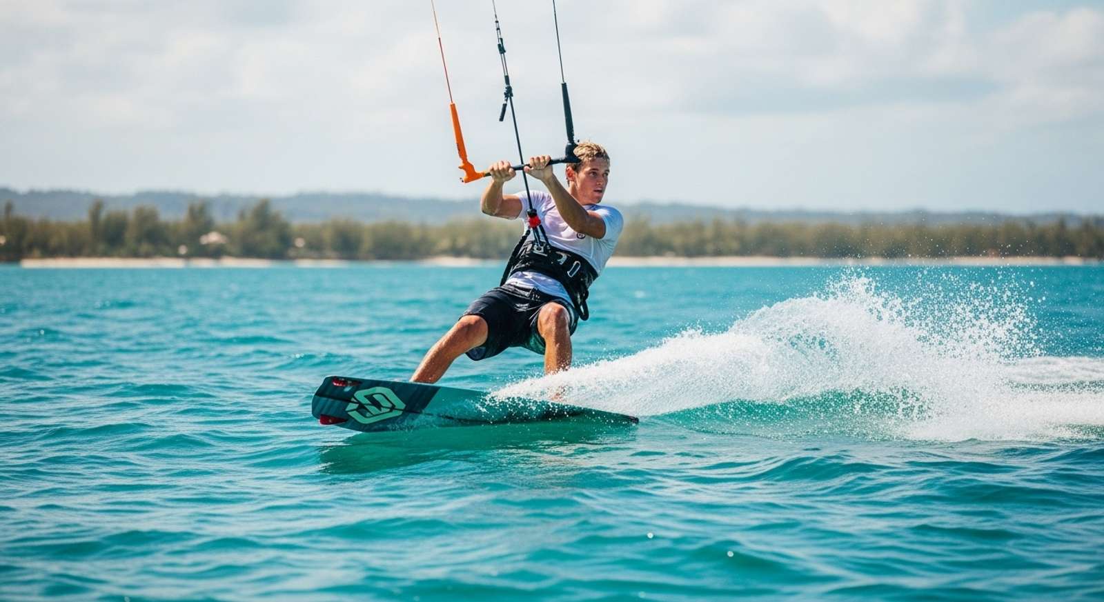 An athletic person wearing a harness and shorts, kitesurfing on a body of water with a coastline visible in the background.