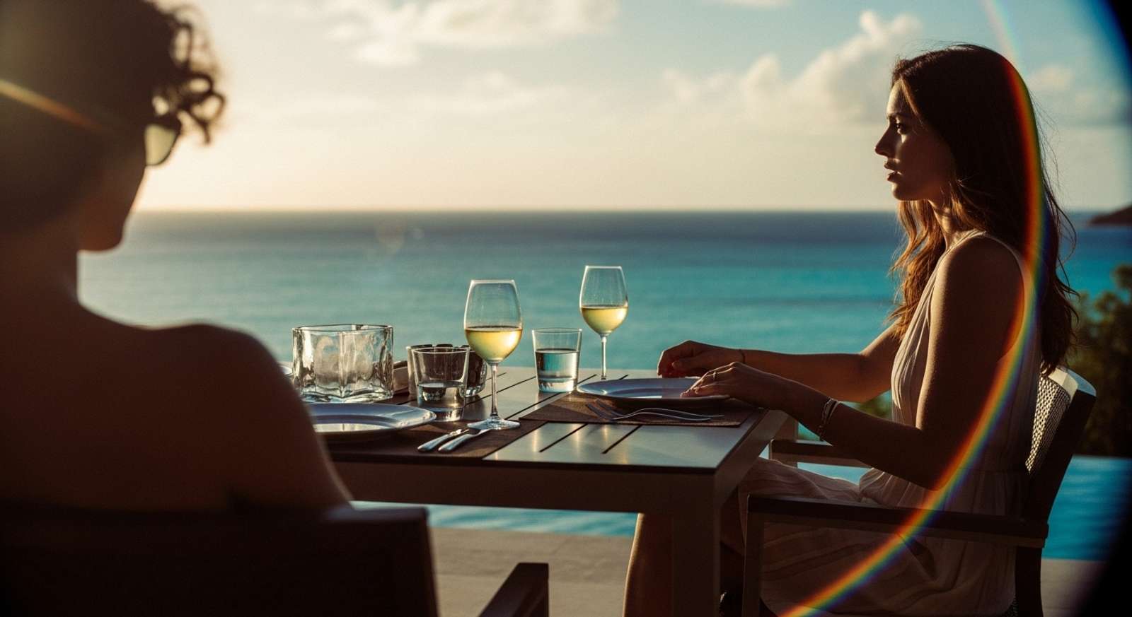 Experience the magic of St Barts: a gourmet meal on your private villa terrace as the sun sets over the Caribbean Sea.