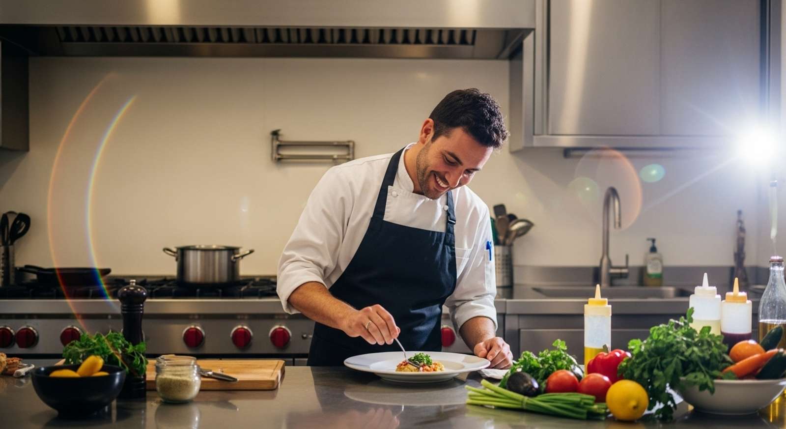 A professional chef, smiling, in a bright, modern villa kitchen with stainless steel appliances, elegantly plating a dish with fresh ingredients visible on the counter.