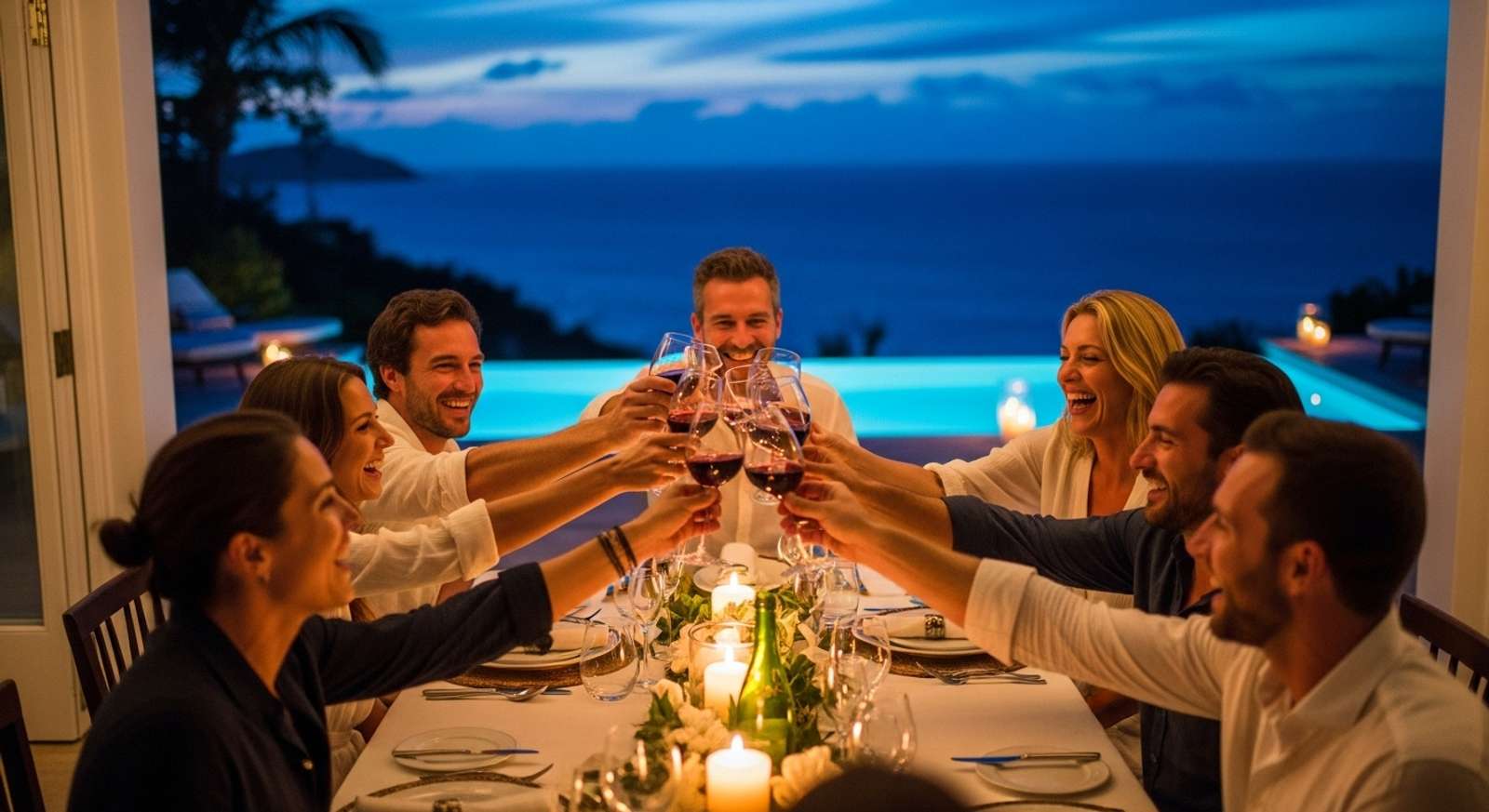A wide shot of a happy, diverse group of friends laughing and raising their glasses for a toast around a beautifully set dinner table in a St Barts villa at twilight, with candles, soft lighting, an infinity pool, and the ocean in the background.