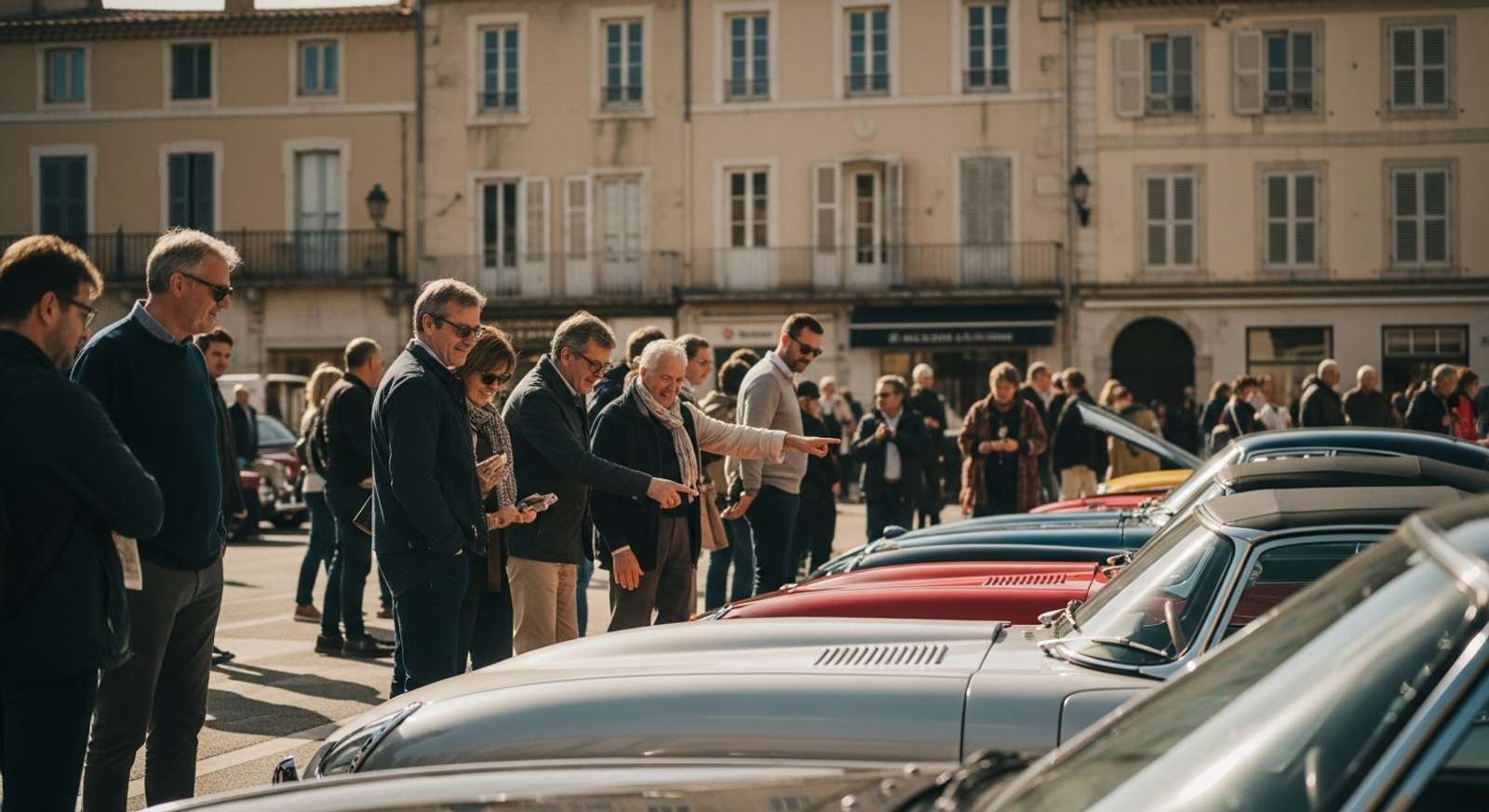 A candid, street-level shot of a diverse group of people admiring a row of classic cars parked in a sunny town square in the South of France. People are smiling and pointing at a silver Jaguar E-Type. The atmosphere is relaxed and festive.