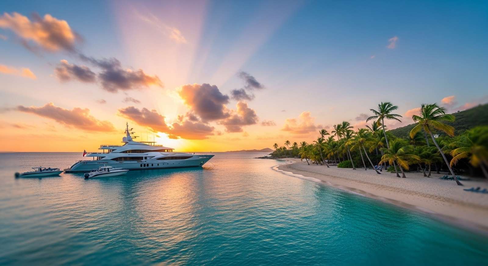 A superyacht anchored off a secluded beach.