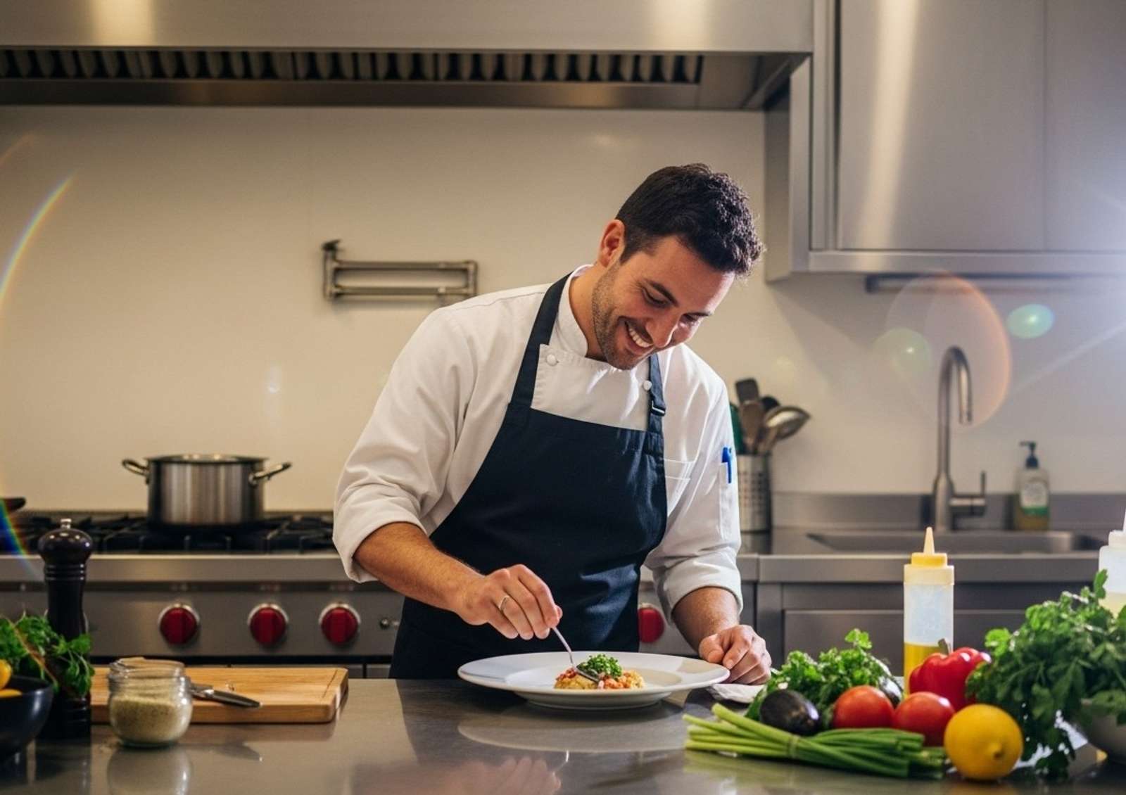 A private chef plating a gourmet meal in a modern villa kitchen.