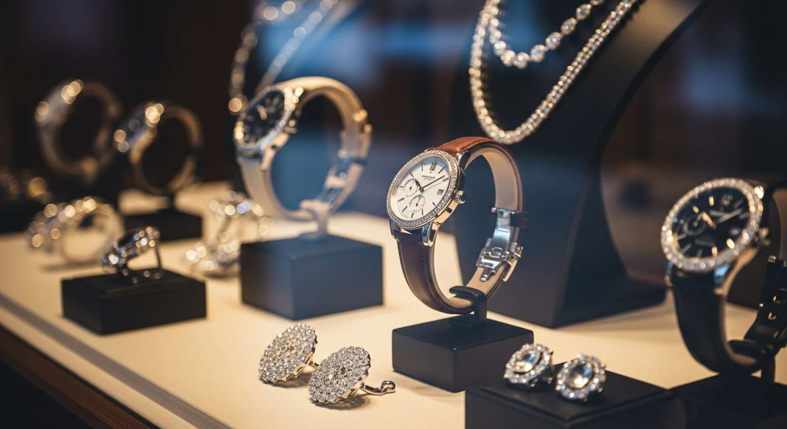 A close-up of luxury watches and jewelry in a Gustavia boutique window.