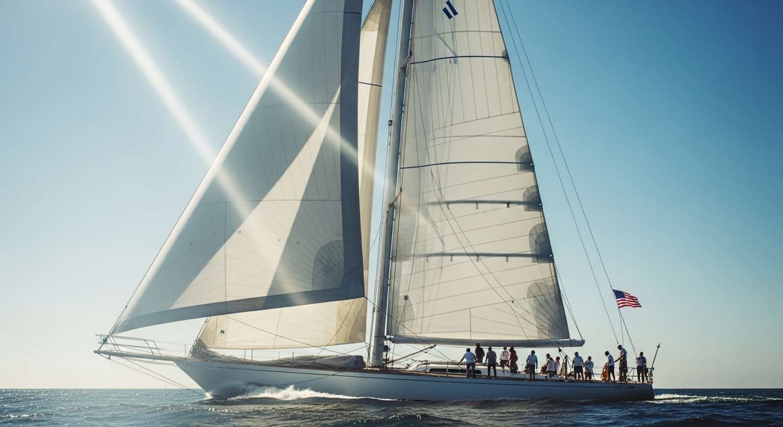 A vibrant photo from the Bucket Regatta with massive sails against a blue sky.