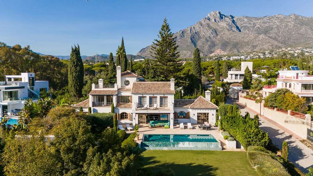 Aerial view of Golden Carolina villa featuring a private infinity pool, lush gardens, and stunning Marbella mountain views.