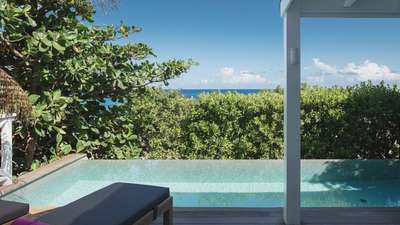 Stunning private infinity pool overlooking lush tropical gardens and sweeping ocean views at the luxurious Citron Vert Estate.