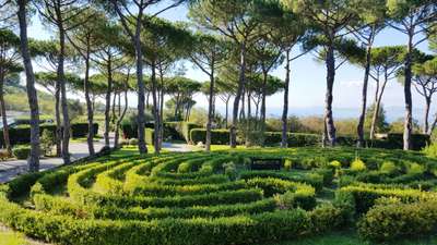 Meticulously landscaped garden at Villa Dodola featuring a charming hedge labyrinth and tranquil sea views through the pines.