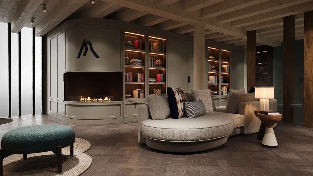 Elegant Zermatt lodge lounge featuring a designer fireplace, bespoke curved sofa, and smoked oak herringbone flooring.