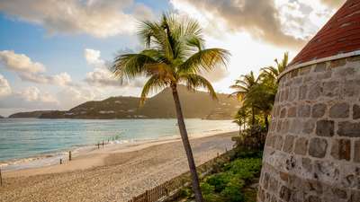 Golden hour on St-Jean beach, viewed past a swaying palm and the rustic stone walls of this luxury beachfront villa.
