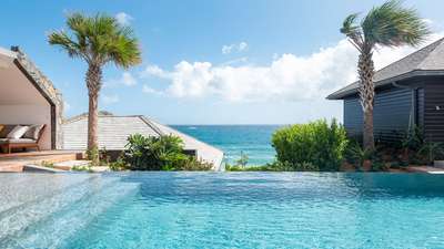 Spectacular heated infinity pool merging seamlessly with the ocean backdrop, flanked by palm trees and tropical gardens.