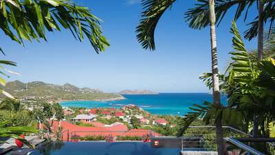 Tropical palm trees frame the magnificent heated infinity pool, showcasing spectacular turquoise ocean views of St. Jean.