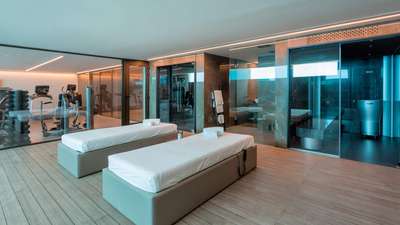 Tranquil two-bed massage treatment room within the private spa at Villa Cavado, adjacent to the gym and Hammam.